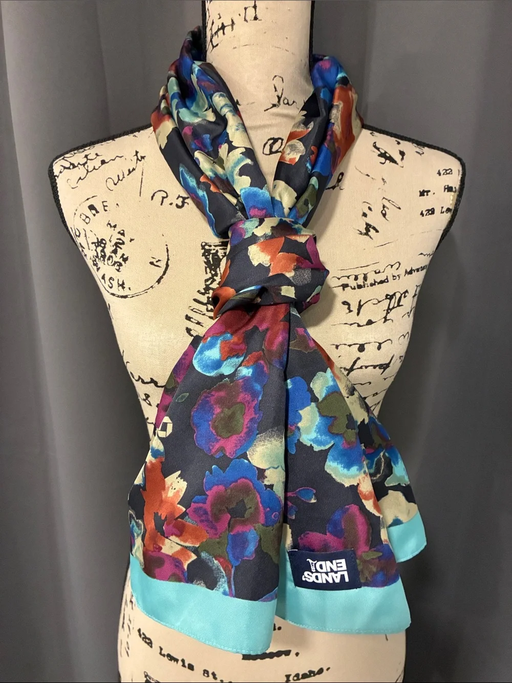 Lands' End Floral Scarf with Aqua Trim